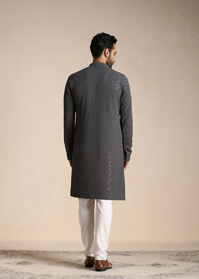 alt message - Manyavar Men Light Grey Chikankari Kurta Set image number 3